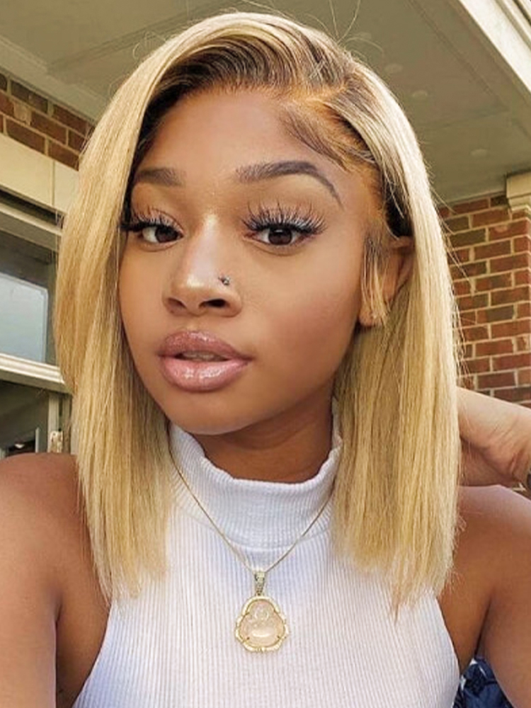 Blonde Bob Wigs with Dark Brown Roots