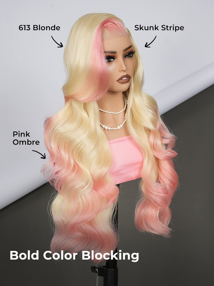 blonde hair with pink body wave wig
