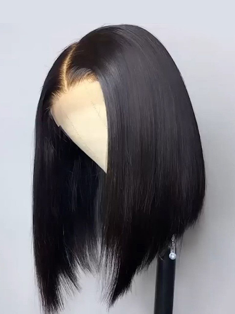 Women's Thick Bob Short Human Hair Wig With Bangs – Black, Medium Cap – Free Part, Classic Cap Construction