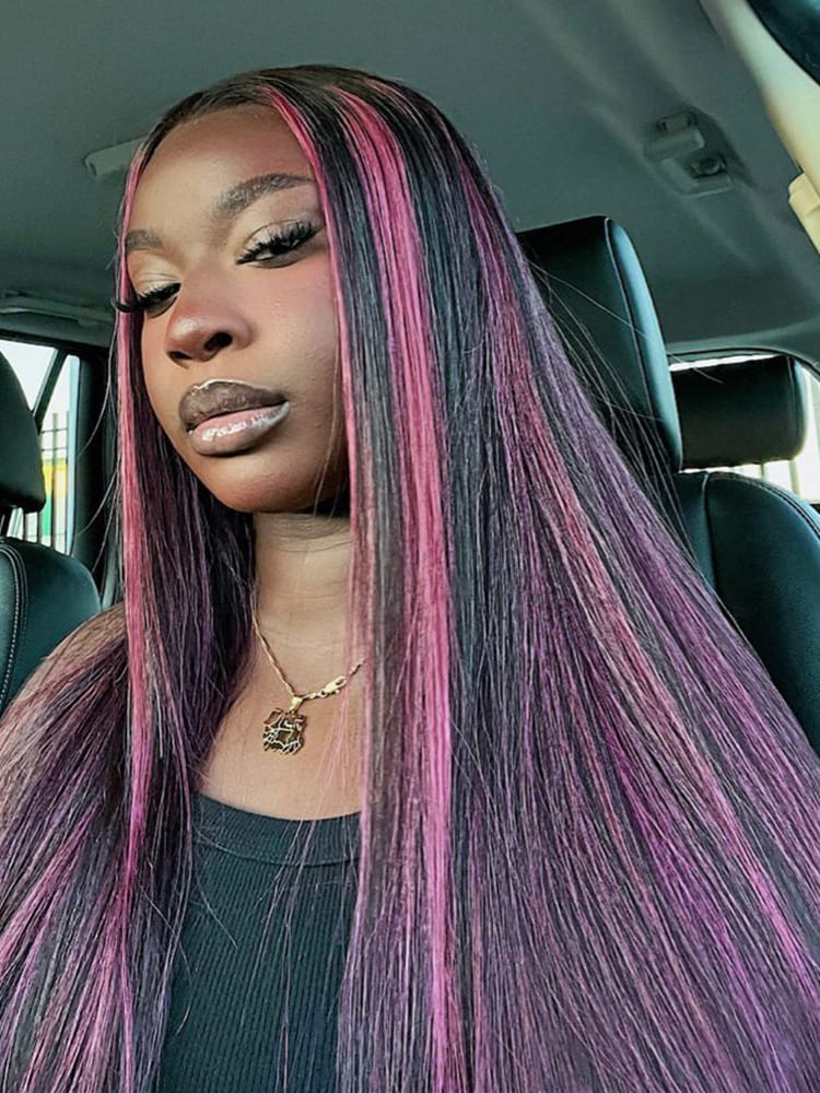 black hair with pink streaks in front