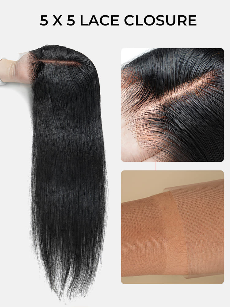 Straight 5x5 HD Lace Closure Transparent Swiss Lace Pre-Plucked
