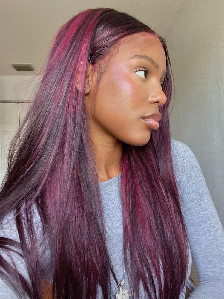pink highlights on black hair