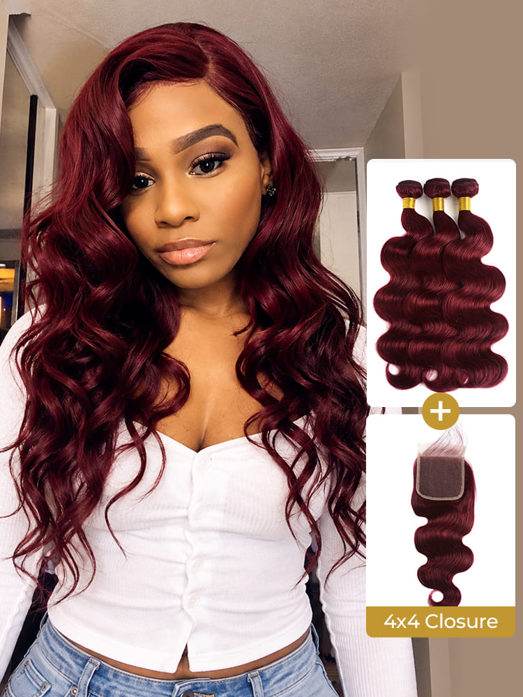 Body Wave Lace Closure With #99J Wine Red Pure Color Human Hair Weft