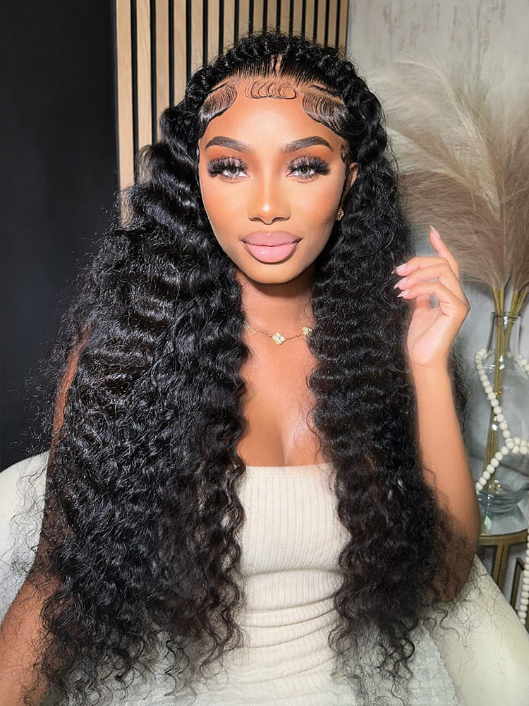 Halo Braid Glueless Deep Wave 13*6 Lace Front Wigs Pre-Cut With Natural Hairline