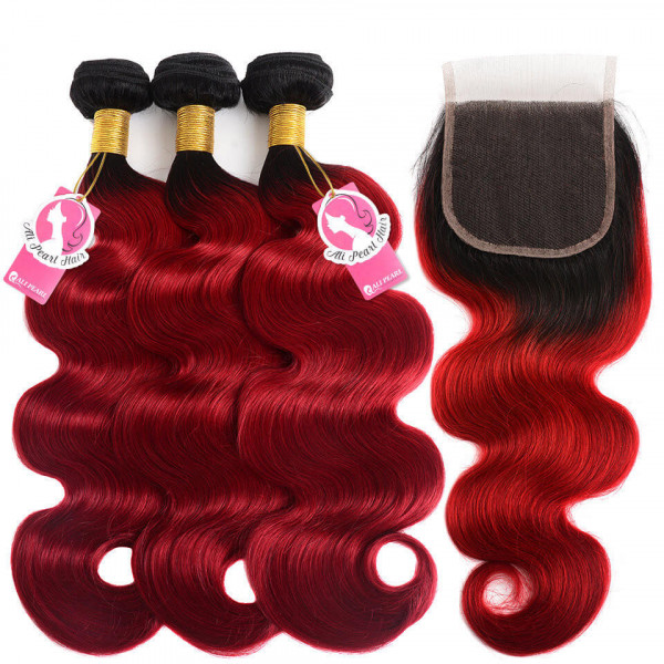 Ombre Hair Color 1B/Red Body Wave Human Hair Weave With Lace Closure  -Alipearl Hair