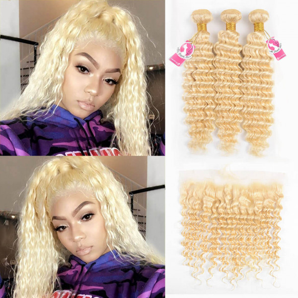 613 Bundles With Frontal Deep Wave Blonde Weave Hair -Alipearl Hair