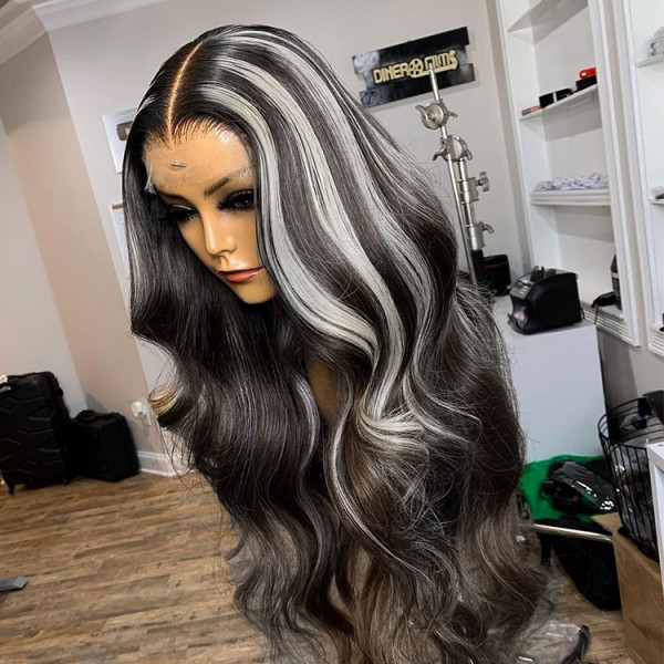 Grey Highlights On Black Hair Body Wave Grey Balayage Human Hair Wig  -Alipearl Hair