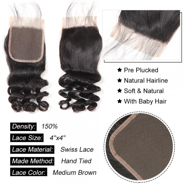 Indian Loose Wave Hair 3pcs/lot with 4*4 Lace Closure,Unprocessed 7A ...