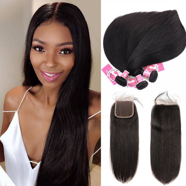 Peruvian Straight Hair 3Bundles With Closure Human Hair Weave With Lace