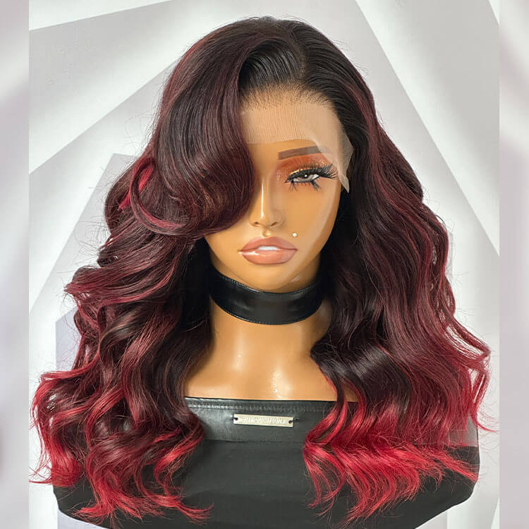 Ruby Red Highlights On Black Hair Body Wave Lace Wigs With Scarlet Red