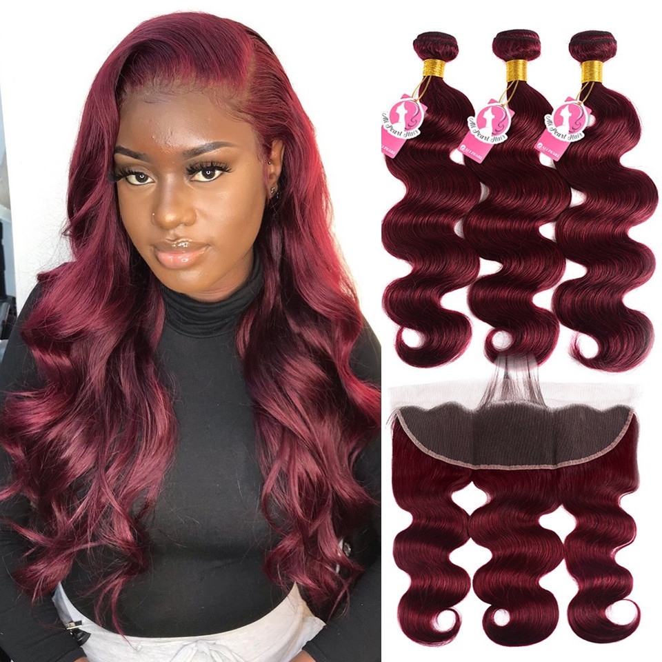 brazilian body wave hair styles burgundy #99j bundles with lace frontal