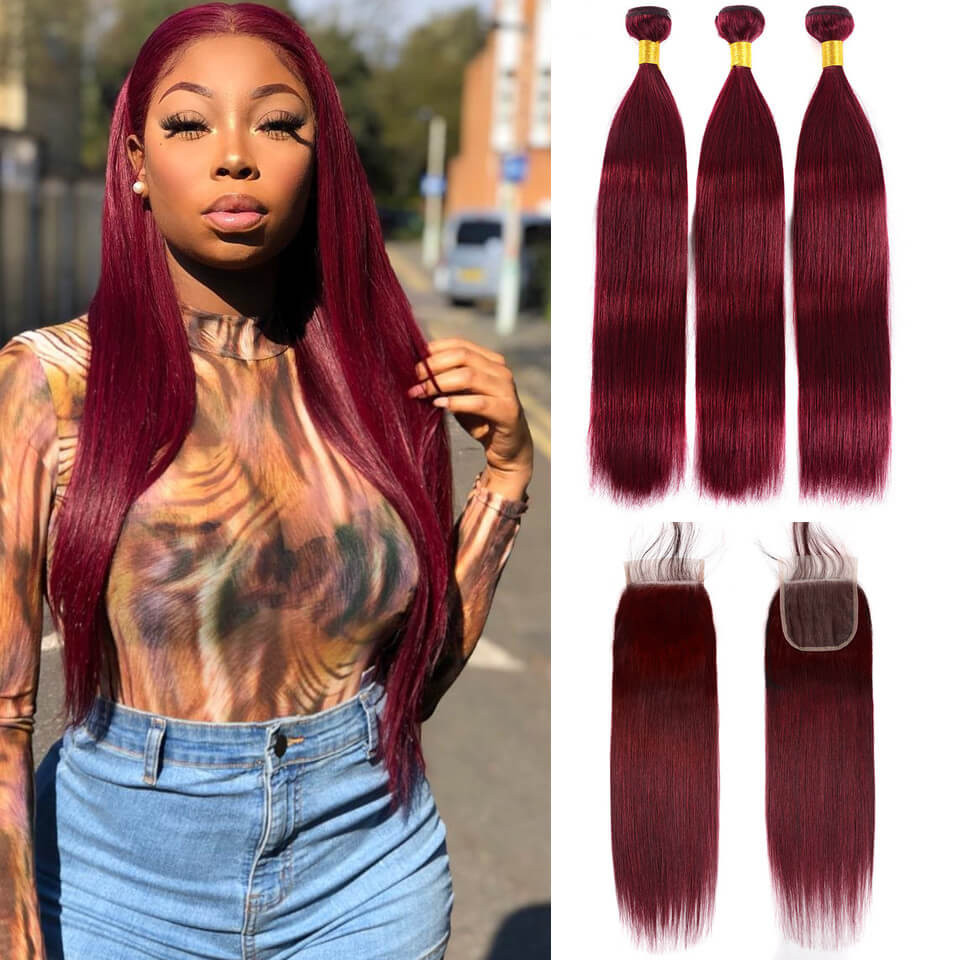 Pre-Colored Hair Weave Wine Red Human Hair Bundles With Lace Closure