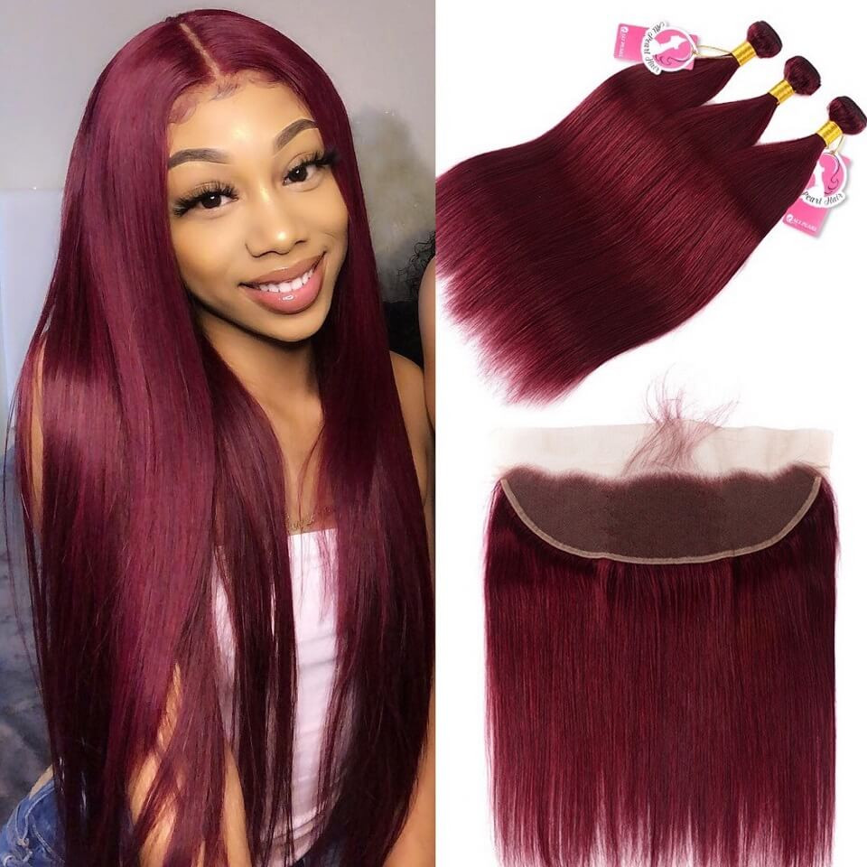 Pre-Colored Brazilian Straight Hair #99J Burgundy 3Pcs With Lace Frontal  -Alipearl Hair