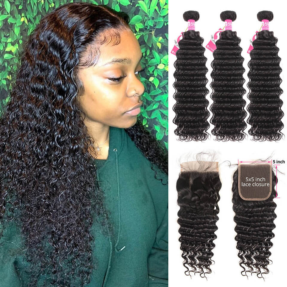 Deep Wave Hair 3 Bundles With 5x5 Lace Closure Deep Wave Closure ...