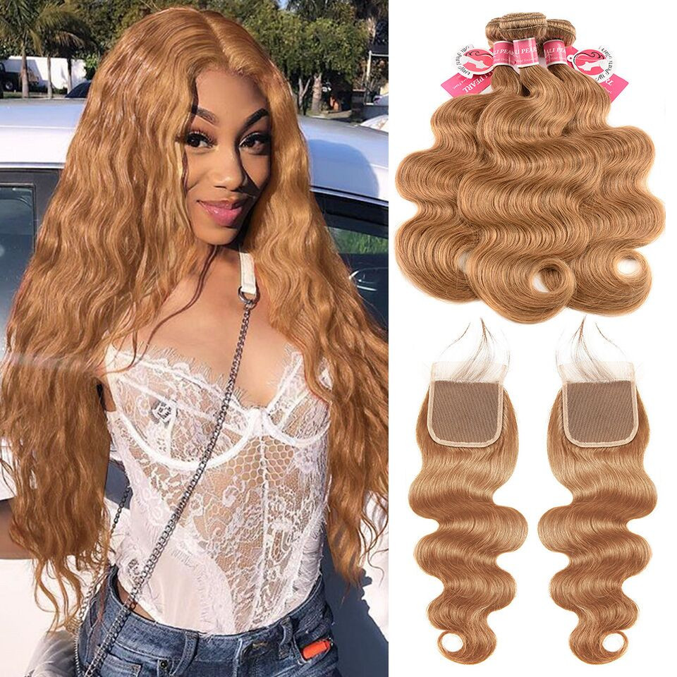 Body Wave Human Hair Lace Closure With Bundles Honey Blonde #27 Color Hair.