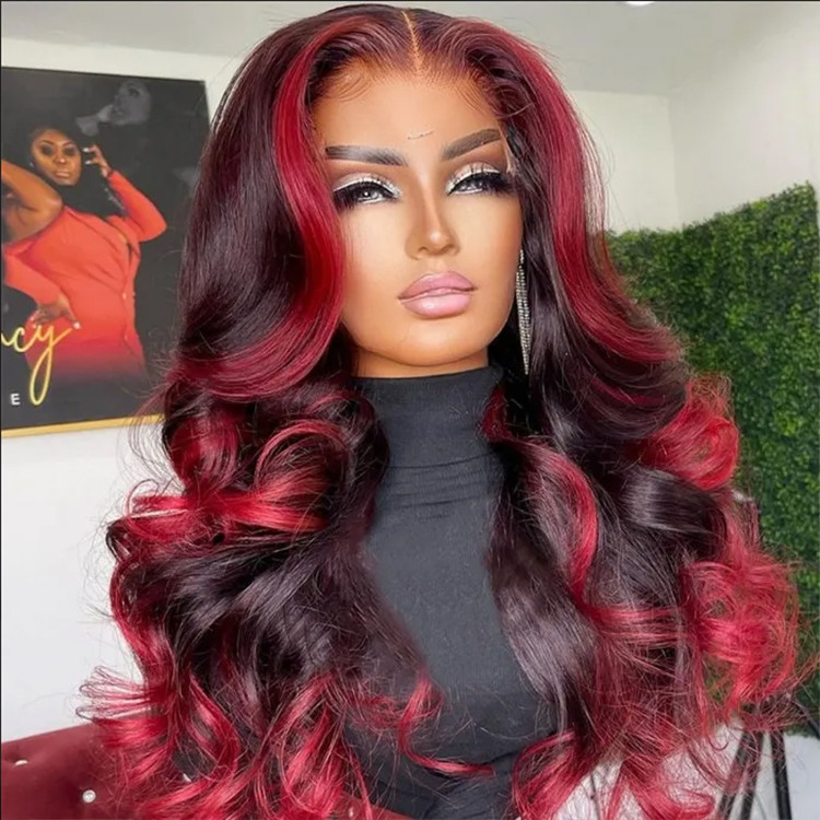 Red Highlights Wigs Body Wave Lace Frontal Wig With Burgundy Highlights ...