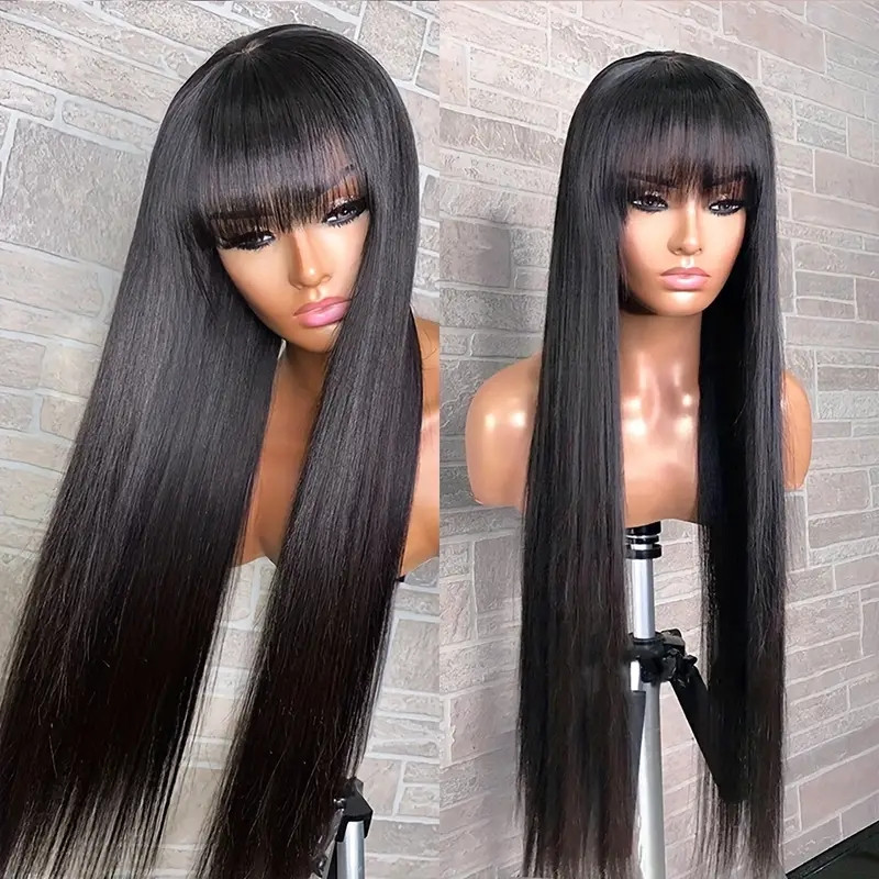 Human Hair Bangs Wigs Straight Hair Glueless 5x5 Lace Closure Wigs ...
