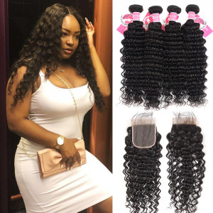 Deep Wave Hairstyles Brazilian Human Hair 4 Bundles With 4*4 Lace Closure