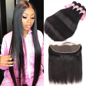 Straight 4 Bundles with 13*4 Lace Frontal Peruvian Human Hair