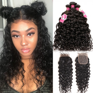 Ali Pearl 3 Bundles Natural Wave with Lace Closure Peruvian Virgin Hair