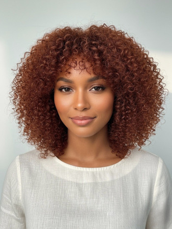 Curtain Bang Ginger Brown Short Curly 5x5 Lace Front Wig 250 Density