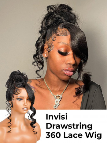 Glueless Invisi Drawstring 360 Lace Wig Miss Buns With Side Part Bangs Style