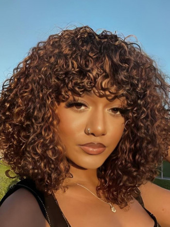 [Ship to U.S. Only]12 Inch Curly Machine Made Bob Wigs with Bangs Piano Color and Reddish Brown