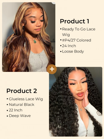 $399 for 2 Glueless Wigs: 24'' #P4/27 Wig and 22'' Natural Black