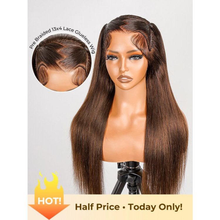 #4 Brown Pre Styled Zig Zag Part Frontal Wig Straight Glueless Lace Wig