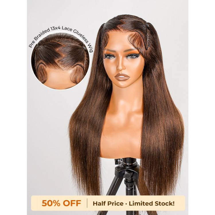 #4 Brown Pre Styled Zig Zag Part Frontal Wig Straight Glueless Lace Wig