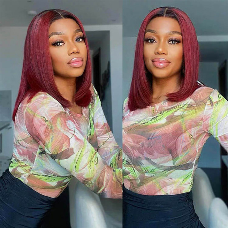Ombre Color 1B/99J Colored Bob Lace Frontal Wig Human Hair Short Bob Wigs