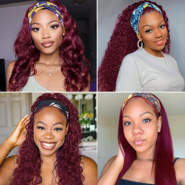 99J Burgundy Color Headband Wigs for Straight Body Deep Curly Texture
