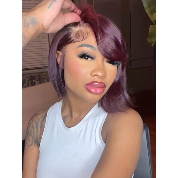 Glueless Dark 99J Color Layered Cut With Side Bang Frontal