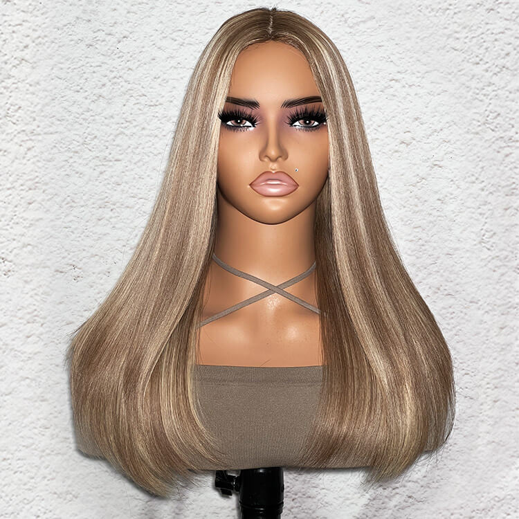 Alipearl Top Grade Series Ash Brown With Blonde Highlights Straight Human Hair HD Lace Wigs