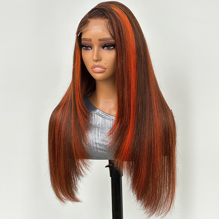 Orange Highlights On Brown Hair Straight 5x5 Lace Wigs In Layered Haircut