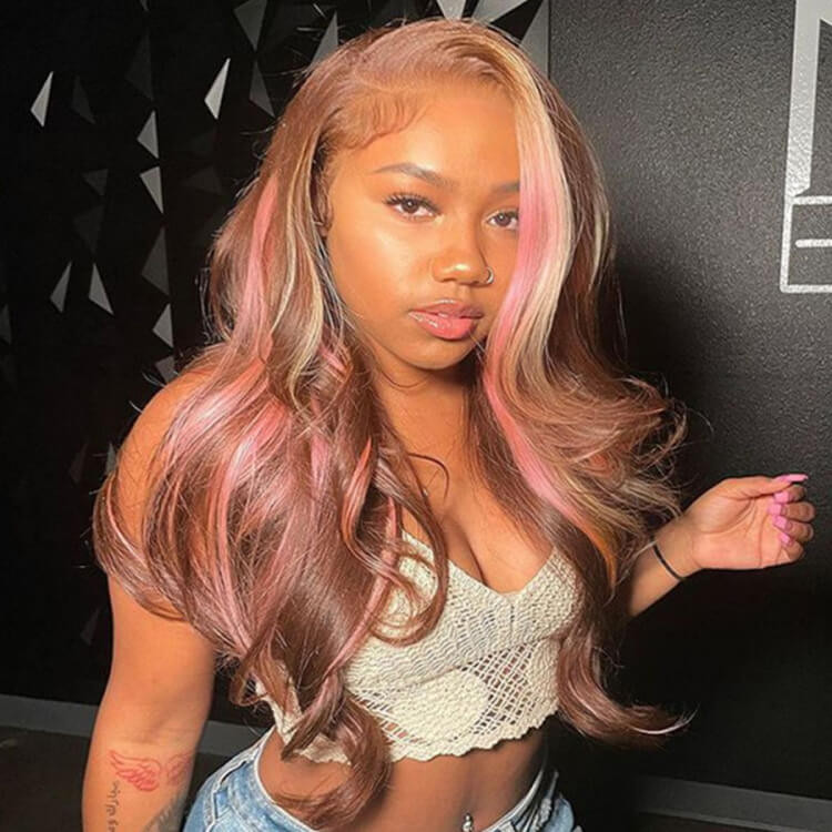 Pink Highlights In Brown Hair Body Wave Lace Wig With Blonde And Pink  Highlights -Alipearl Hair