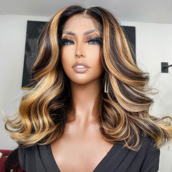 Brown Wigs With Honey Blonde Highlights Body Wave Lace  display picture 1