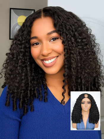 V Part Human Hair Wig 16in Burmese Curly 180% Density Glueless Clip In Burmese Curly V Part Wig 100% Human Hair | Recool Hair main image 3