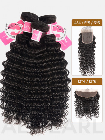 3 Bundles Deep Wave Hair With 4*4 Lace Closure Ali Pearl Brazilian