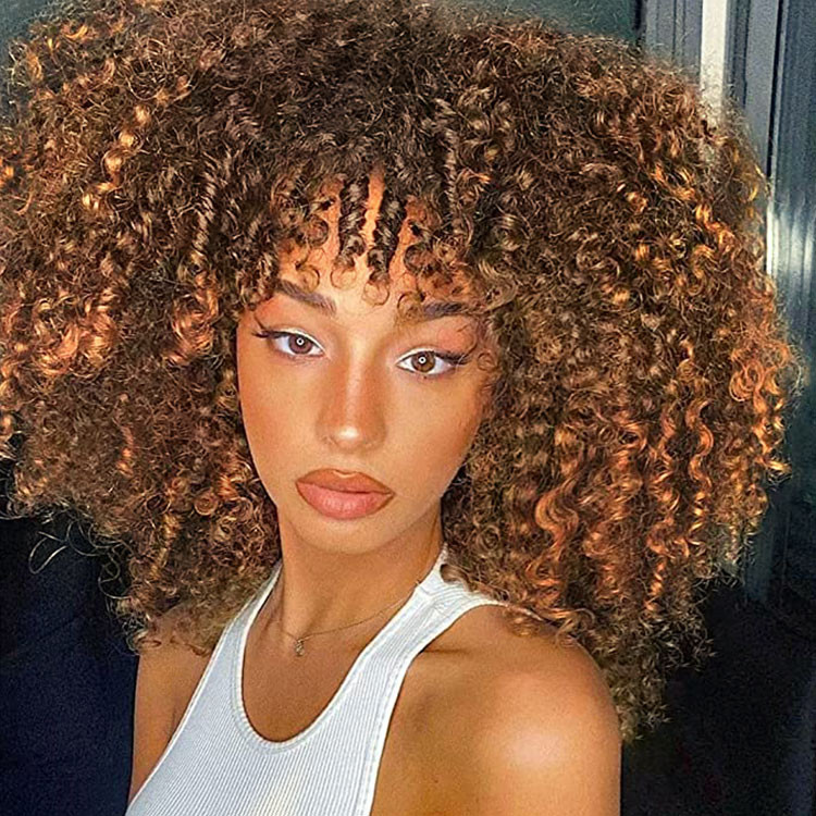 Ombre Blond Short Afro Curly 4x4 Lace Closure Wig With Bangs