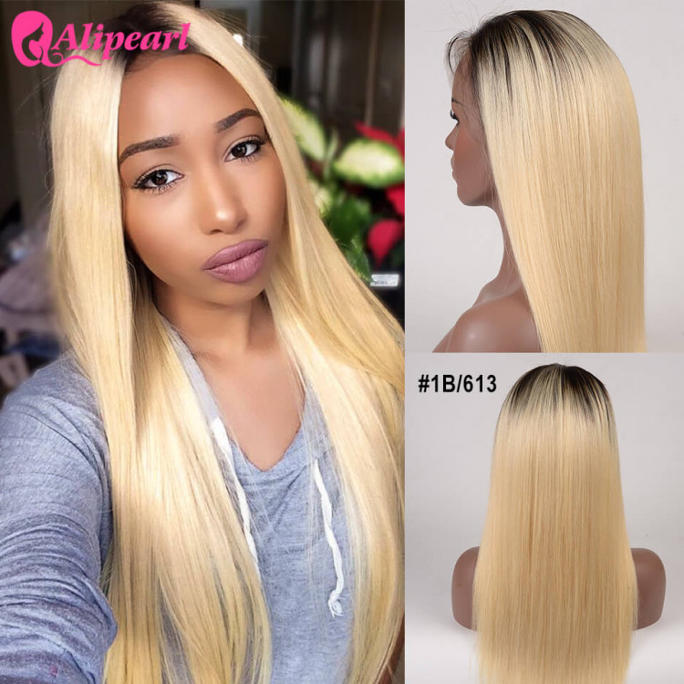 Full Lace Wig 150 Density Ombre 1B 613 Blonde Silky Straight Pre plucked Hairline