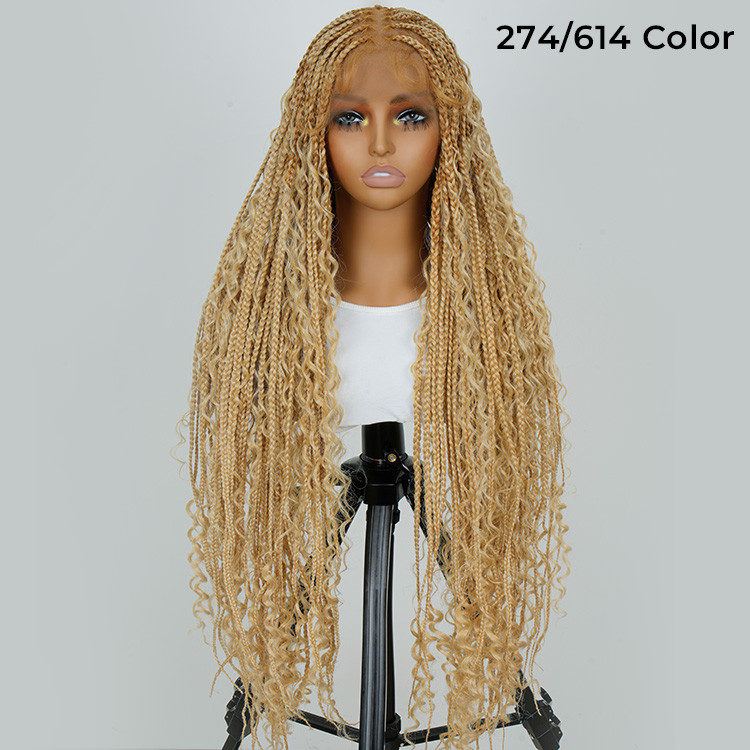 36Inch Full Lace Wigs Synthetic Box Braided Wigs With Boho Curly Ends