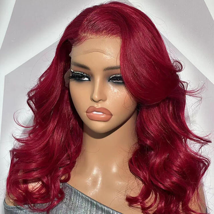 Blood Red Color Dyed Body Wave Human Hair Lace Front Wig 14 28