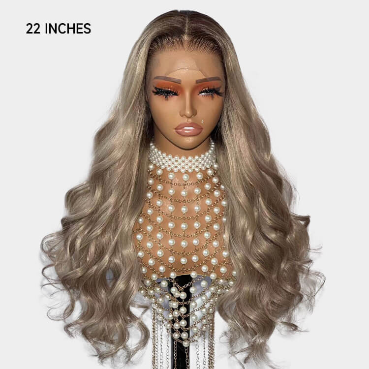 Ash Blonde Hair Body Wave Human Hair Lace Frontal Wigs With Dark Roots Alipearl Hair