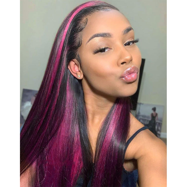 Pink Highlights On Black Hair Straight Hair Wig With Pink Peekaboo  Highlights -Alipearl Hair