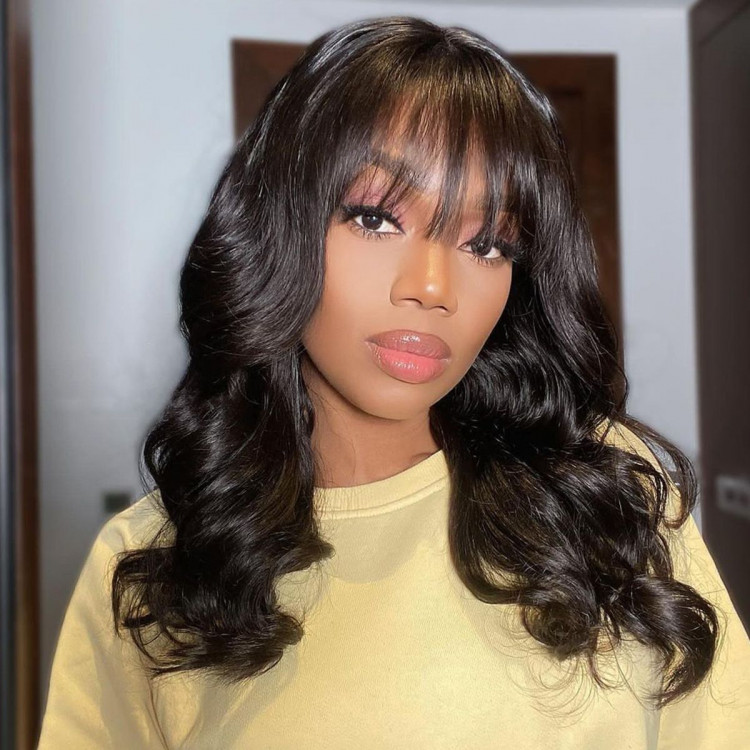 Ready to Go Loose Body Wave Wigs with Bangs Transparent Lace Closure Wigs