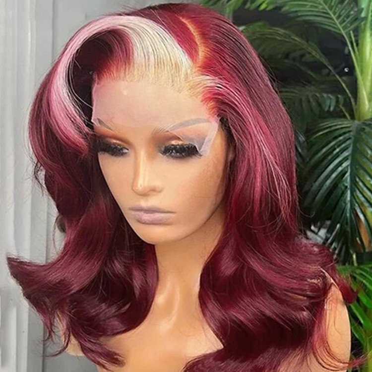 Burgundy With Blonde Highlights Lace Front Wig Skunk Stripe Hair Wigs  -Alipearl Hair