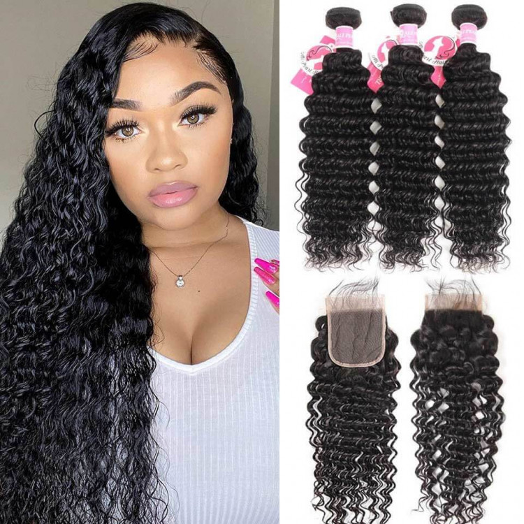 3 Bundles Deep Wave Hair With 4*4 Lace Closure Ali Pearl Brazilian