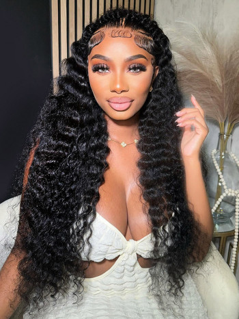 Halo Braid Glueless Deep Wave 13*6 Lace Front Wigs Pre-Cut With Natural Hairline