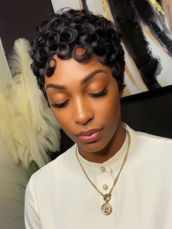 Short Curly Layered Pixie Cut Full Lace Pixie Wig Human Hair 